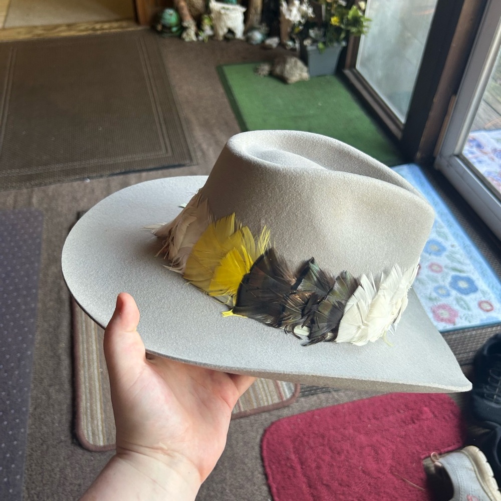 Stetson Cream and Yellow Cowboy Hat with Feather Accent